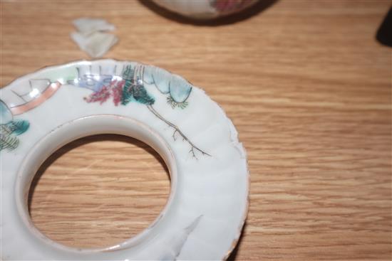 A pair of 20th century Chinese porcelain small bowls, decorated in polychrome with phoenix, and two bowls with covers and stands